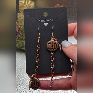 "5/$40" Handmade Pumpkin  Jack-O-Lantern Copper Mismatched Earrings 925 Wires